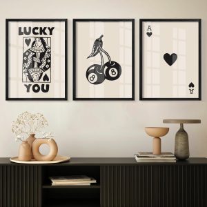 Framed Set of 3 Poker Wall Art Lucky You Poster, Trendy Retro Print Wall Decor for Queen of Hearts Wall Art Rustic Vintage Farmhouse Home Wall Decor（Black 12"x16"）